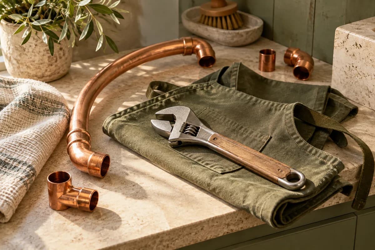Outils de plomberie et raccords en cuivre — illustration du métier