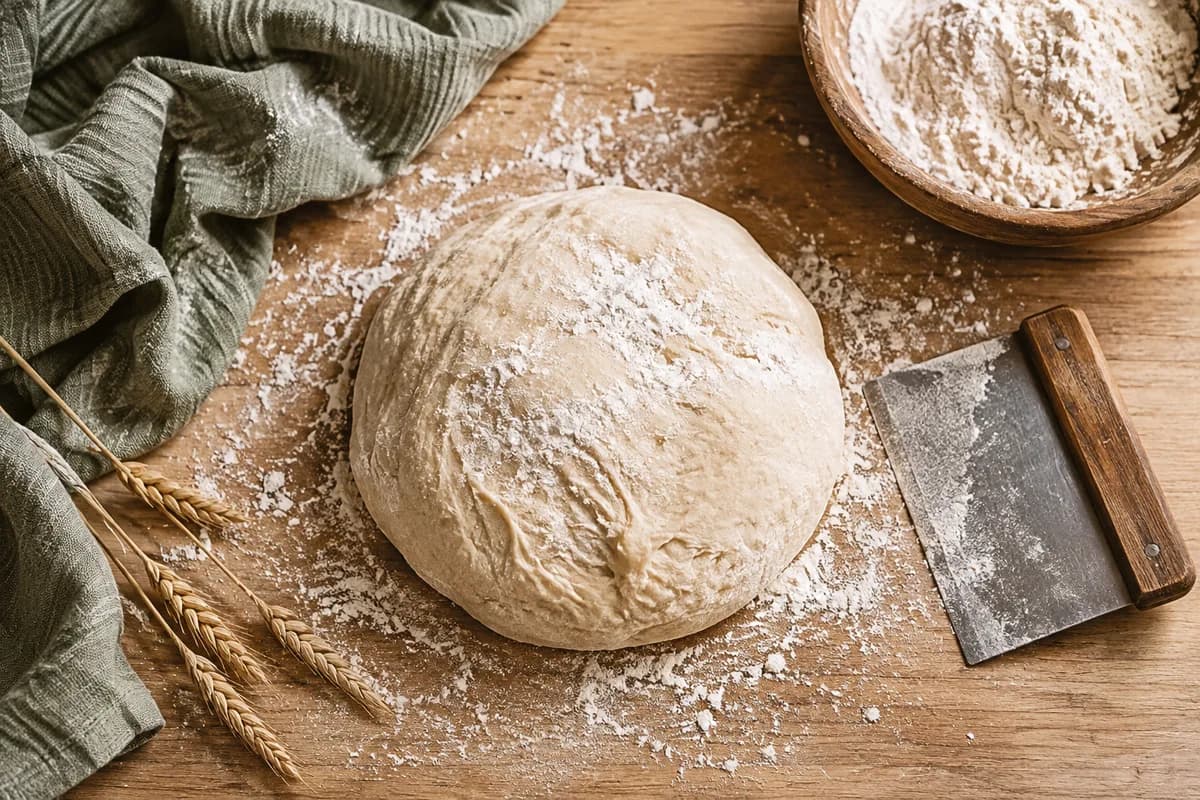 Pâte à pain, farine et outils de pétrissage — illustration du métier